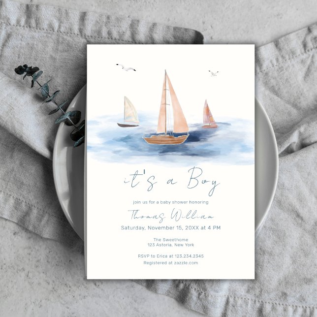 Invitación Baby Shower Neutral Minimalista Nautical (Neutral Minimalist Nautical Sailboat Baby Shower Invitation)