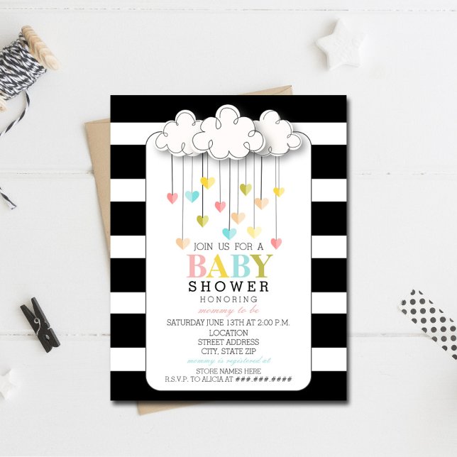 Invitación Baby Shower Neutral moderno negro + nubes blancas (Subido por el creador)