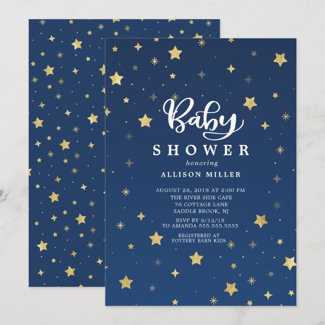Invitación Baby Shower Neutral Noche Starry de Oro (Anverso / Reverso)