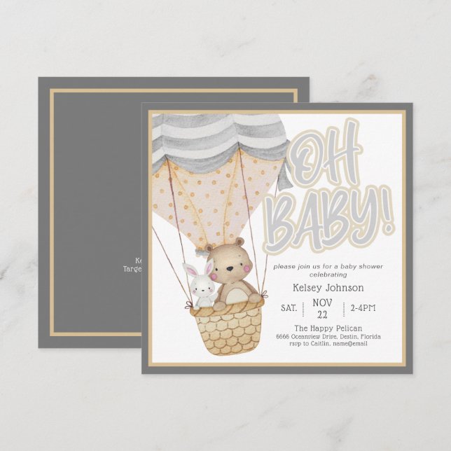 Invitación Baby Shower Neutral Oh Baby Woodland Animals (Anverso / Reverso)