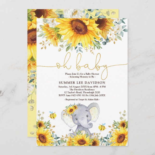 Invitación Baby Shower Neutral para Elefantes de Sunflowers G (Anverso / Reverso)