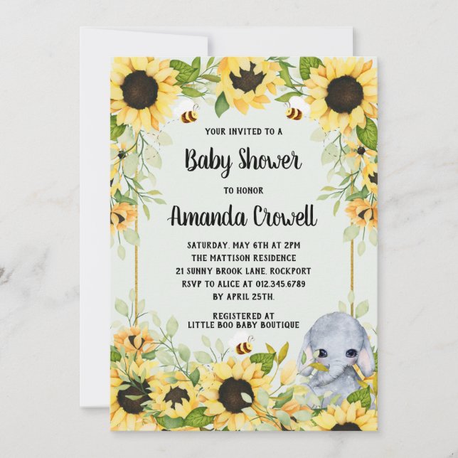 Invitación Baby Shower Neutral para Elefantes de Sunflowers G (Anverso)