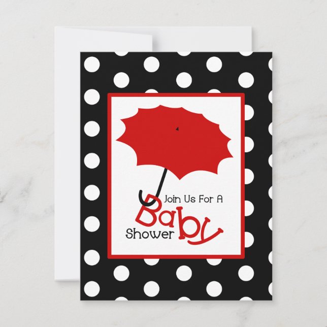 Invitación Baby Shower neutral - Paraguas rojos y puntos de p (Anverso)