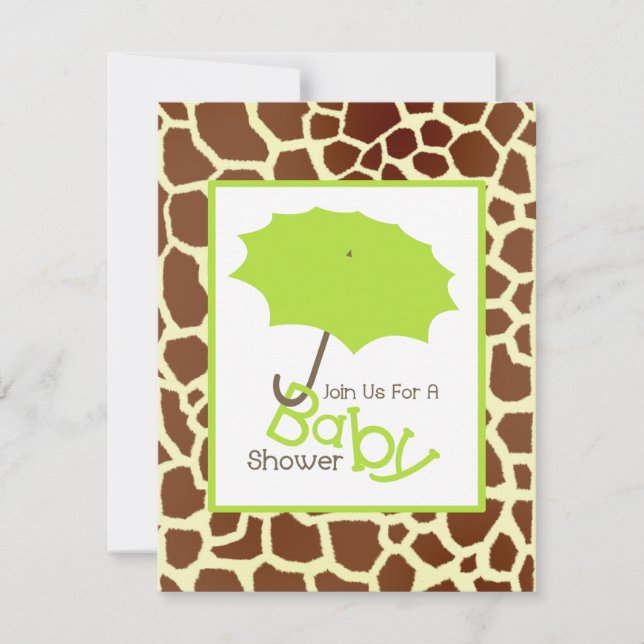 Invitación Baby Shower neutral - Paraguas verdes y jirafa (Anverso)