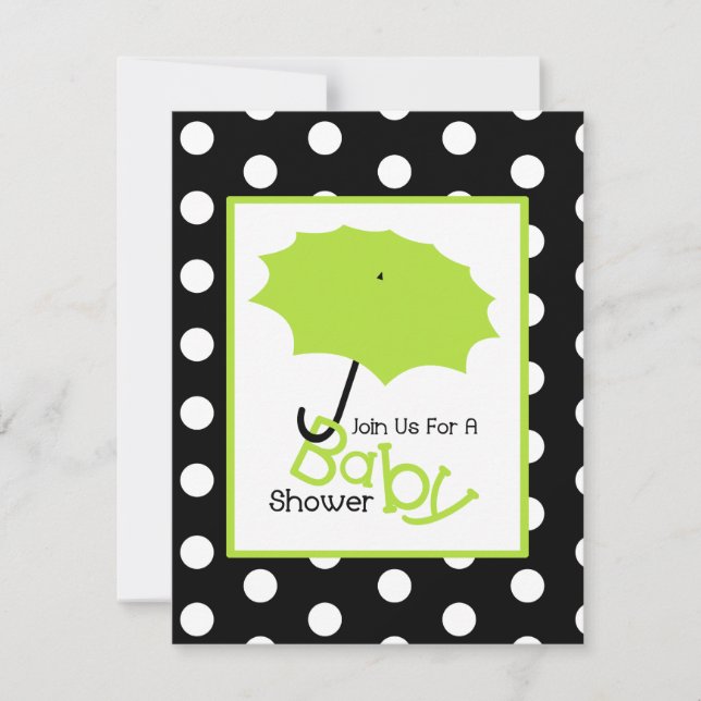 Invitación Baby Shower neutral - Paraguas verdes y puntos de  (Anverso)