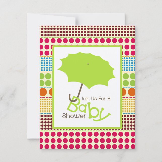 Invitación Baby Shower Neutral - Paraguas verdes y puntos de  (Anverso)