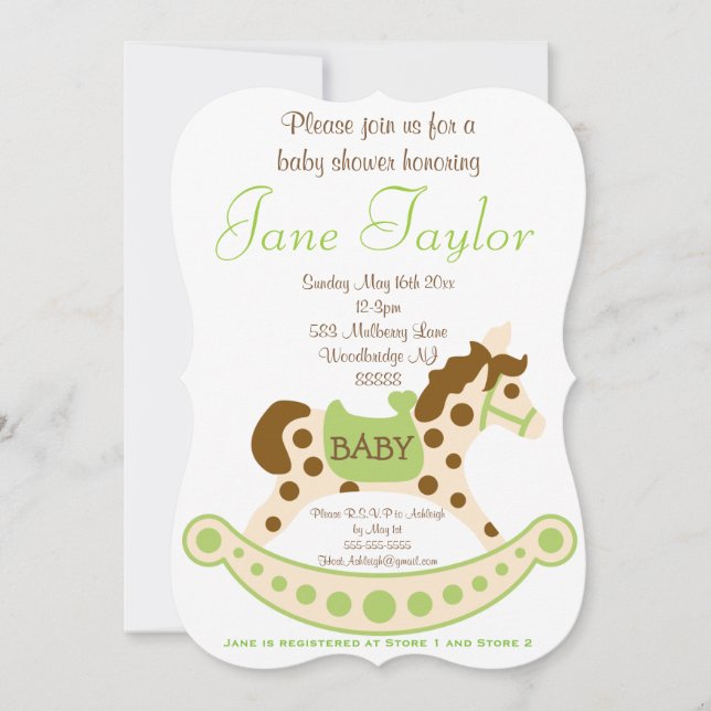 Invitación Baby Shower Neutral Rocking Horse de Género (Anverso)