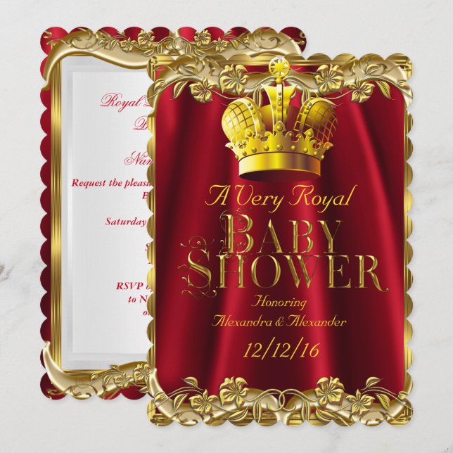 Invitación Baby Shower Neutral Royal Regal Red Gold Crown (Anverso / Reverso)