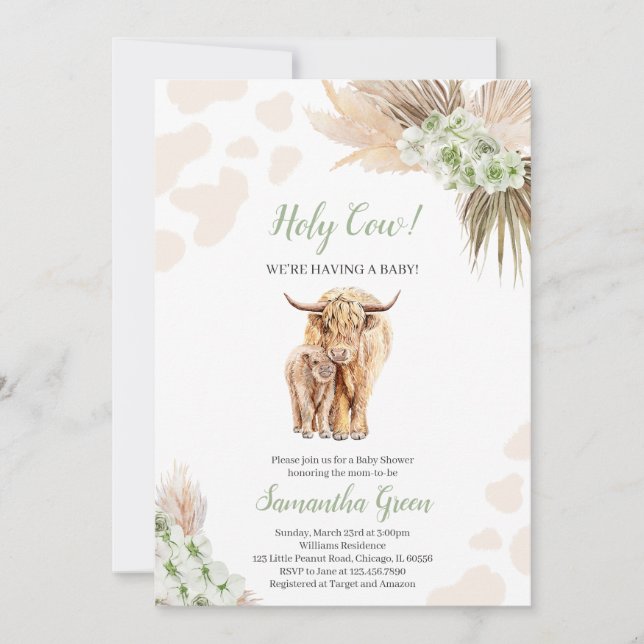 Invitación Baby Shower Neutral Sage Green Highland Cow (Anverso)