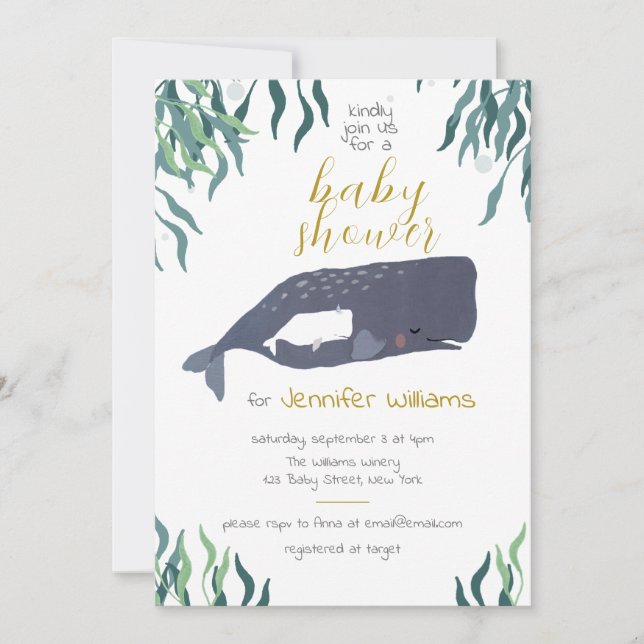Invitación Baby Shower neutral simple de ballena marina (Anverso)