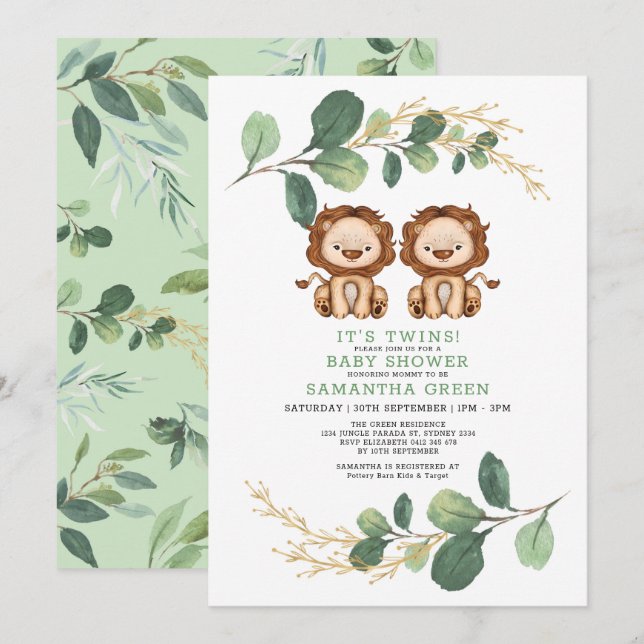 Invitación Baby Shower Neutral Twin Lion Greenery Gold Jungle (Anverso / Reverso)