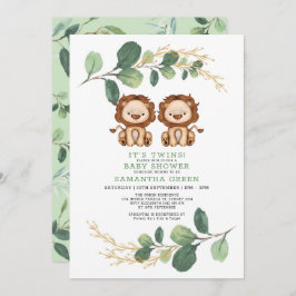 Invitación Baby Shower Neutral Twin Lion Greenery Gold Jungle