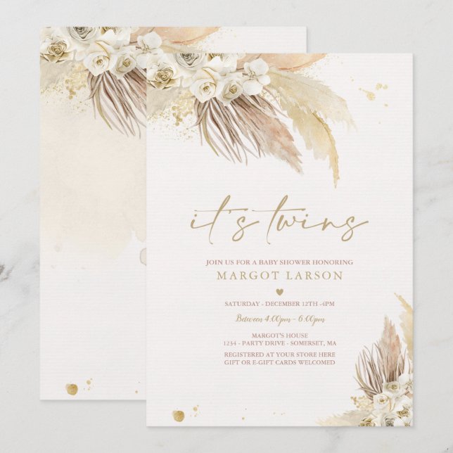 Invitación Baby Shower Neutral Twin Pampas Grass Boho (Anverso / Reverso)
