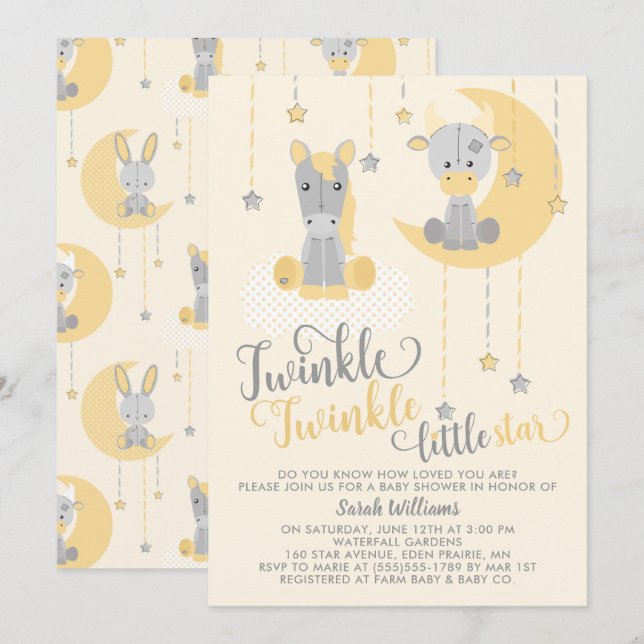 Invitación Baby Shower Neutral Twinkle Little Star Animals (Anverso / Reverso)