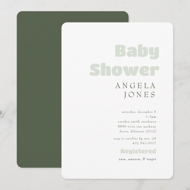 Invitación Baby Shower neutral verde contemporáneo (Anverso / Reverso)