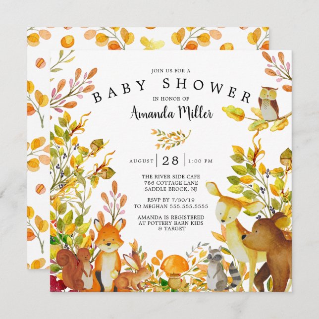 Invitación Baby Shower Neutral Woodland Forest Animals (Anverso / Reverso)