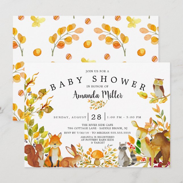 Invitación Baby Shower Neutral Woodland Forest Animals (Anverso / Reverso)