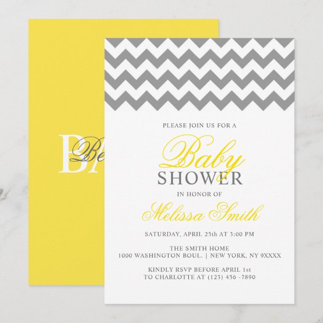 Invitación BABY SHOWER neutro Chevron gris amarillo moderno (Anverso / Reverso)