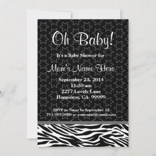 Invitación Baby Shower neutro con estrellas de cebra en blanc