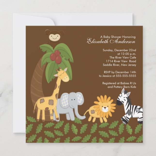 Invitación Baby Shower neutro de animal Safari de la selva (Anverso)