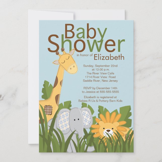 Invitación Baby Shower neutro de animal Safari de la selva (Anverso)