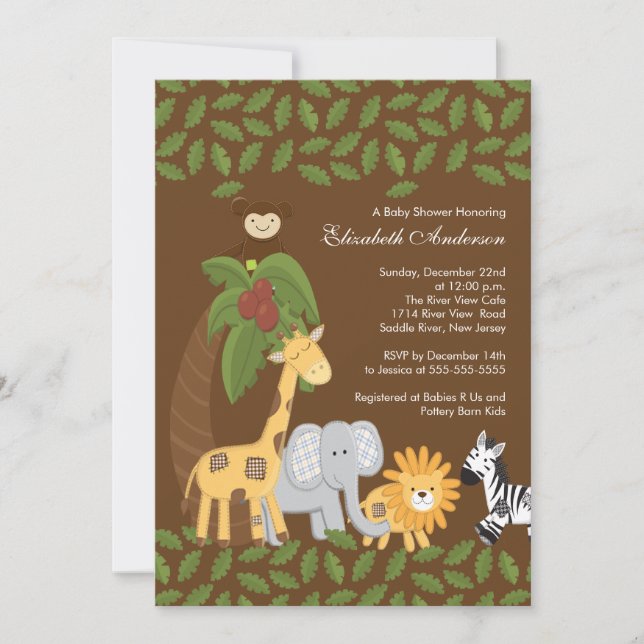 Invitación Baby Shower neutro de animal Safari de la selva (Anverso)