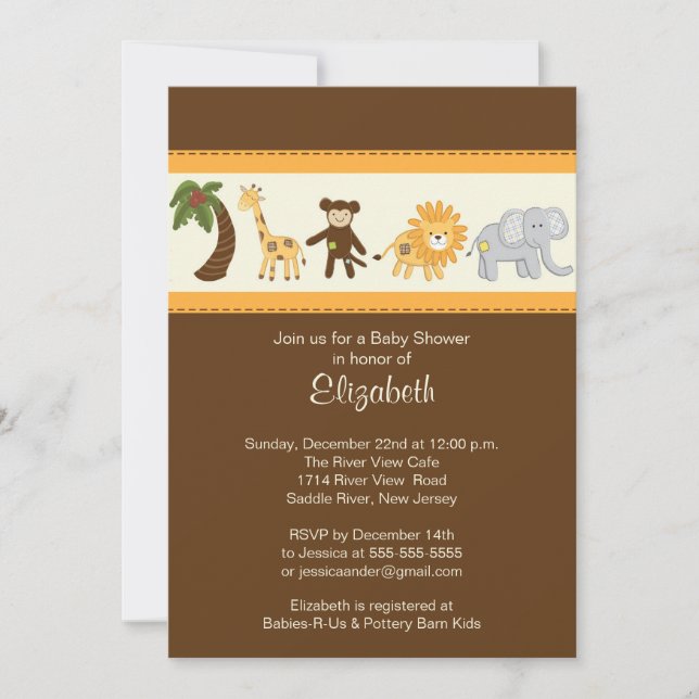 Invitación Baby Shower neutro de animal Safari de la selva (Anverso)
