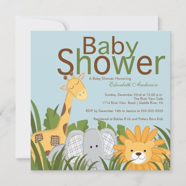 Invitación Baby Shower neutro de animal Safari de la selva (Anverso)