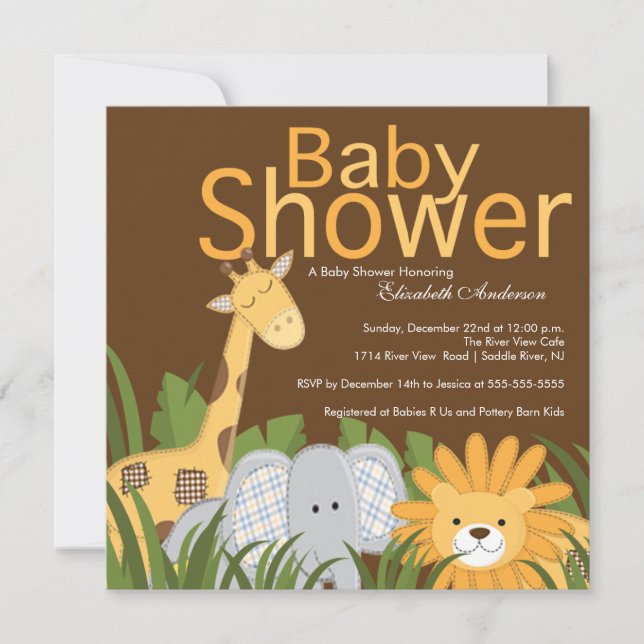 Invitación Baby Shower neutro de animal Safari de la selva (Anverso)