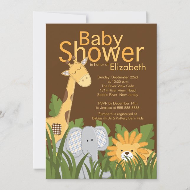 Invitación Baby Shower neutro de animal Safari de la selva (Anverso)