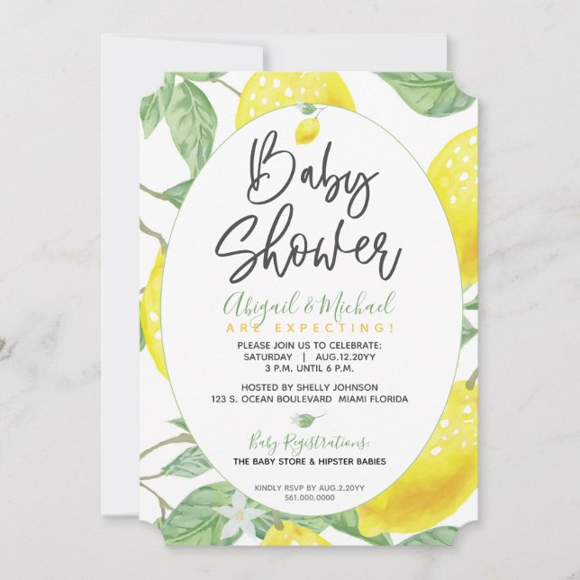 Invitación Baby Shower neutro de árbol de limón amarillo verd (Anverso)
