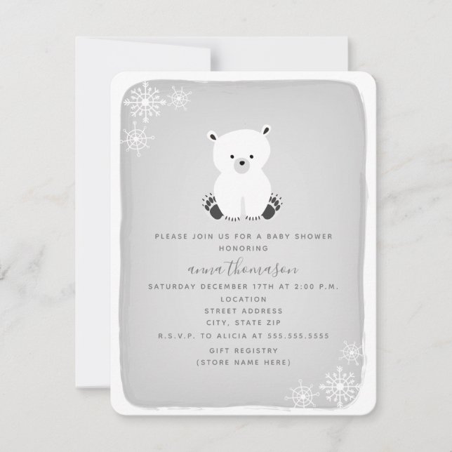 Invitación Baby Shower neutro de copo de nieve del oso polar  (Anverso)