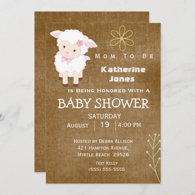 Invitación Baby Shower neutro de cordero suave (Anverso / Reverso)
