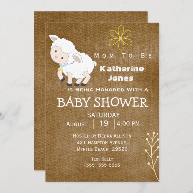 Invitación Baby Shower neutro de cordero suave (Anverso / Reverso)