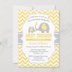 Invitación Baby Shower neutro de elefante gris amarillo lindo