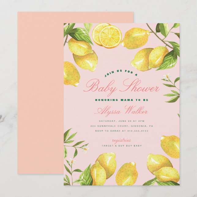 Invitación Baby Shower neutro de género de cítricos limoneros (Anverso / Reverso)