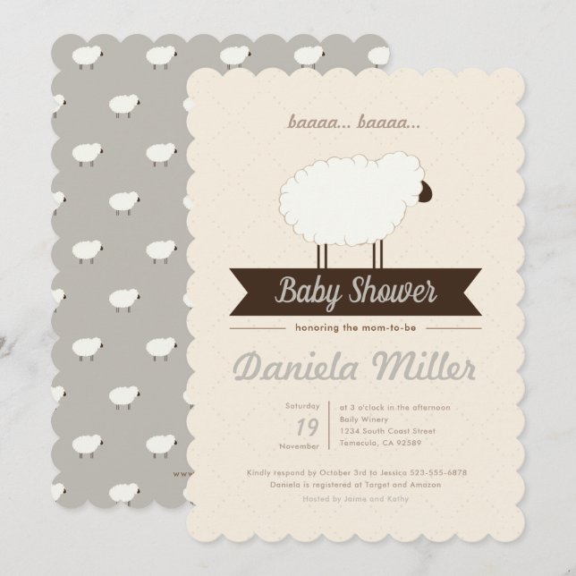 Invitación Baby Shower neutro de género de cordero gris (Anverso / Reverso)