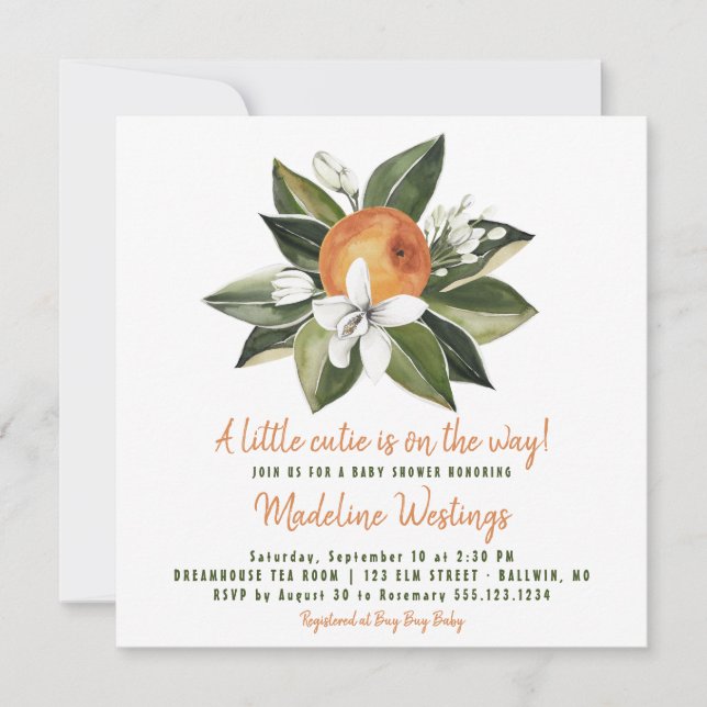 Invitación Baby Shower neutro de género de corte naranja (Anverso)