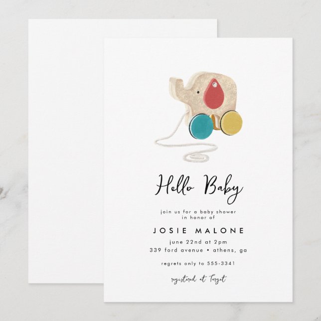 Invitación Baby Shower neutro de género de juguete elefante m (Anverso / Reverso)