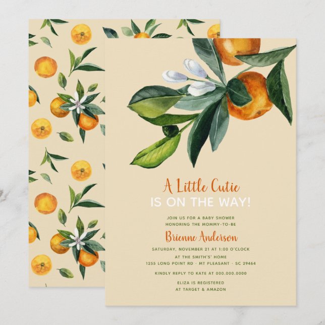 Invitación Baby Shower neutro de género de un pequeño cítrico (Anverso / Reverso)