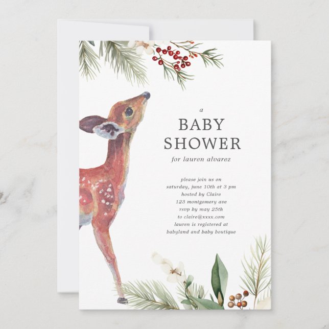 Invitación Baby Shower neutro de género de venado de invierno (Anverso)