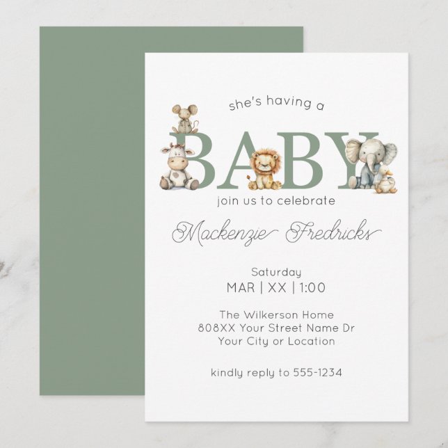 Invitación Baby Shower neutro de género en animales rellenos (Anverso / Reverso)