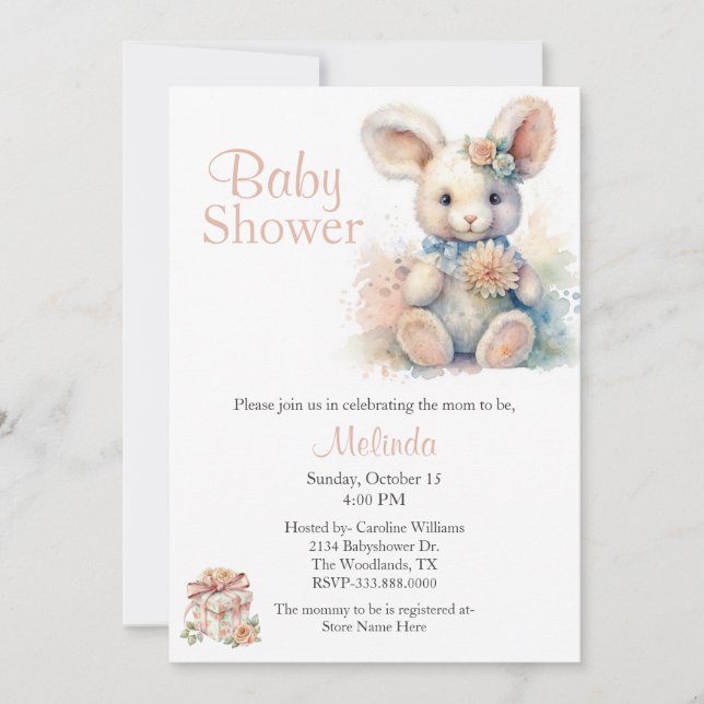 Invitación Baby Shower neutro de género en conejo relleno (Anverso)