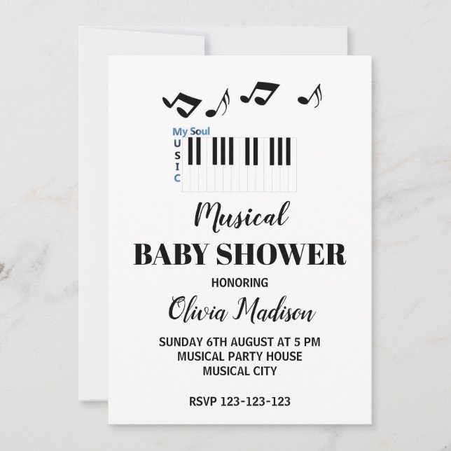 Invitación Baby Shower neutro de género musical negro y blanc (Anverso)