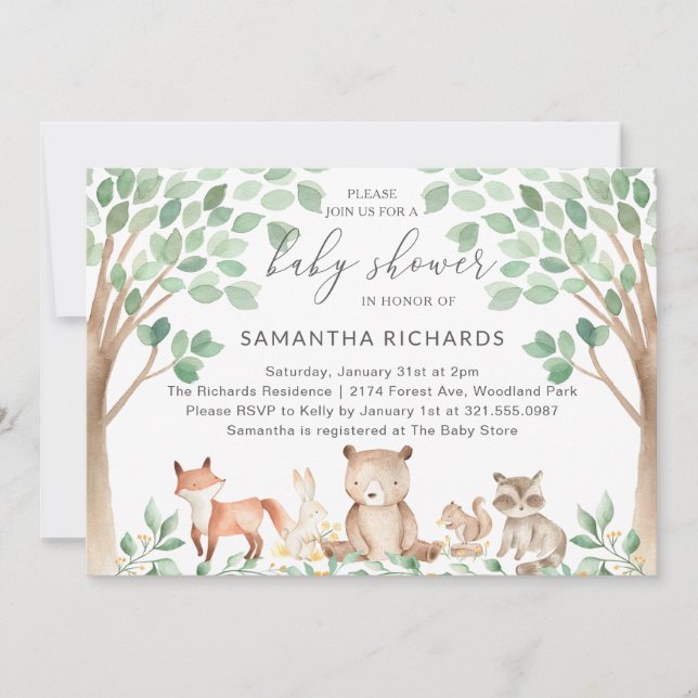Invitación Baby Shower neutro de género para animales de bosq (Anverso)