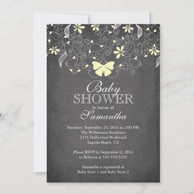 Invitación Baby Shower neutro de mariposa amarilla en el tabl (Anverso)