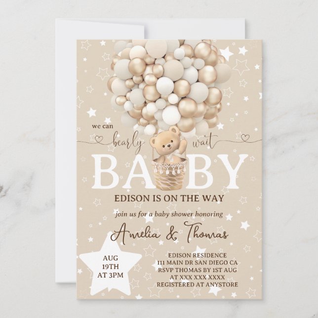 Invitación Baby Shower neutro de oso mate (Anverso)