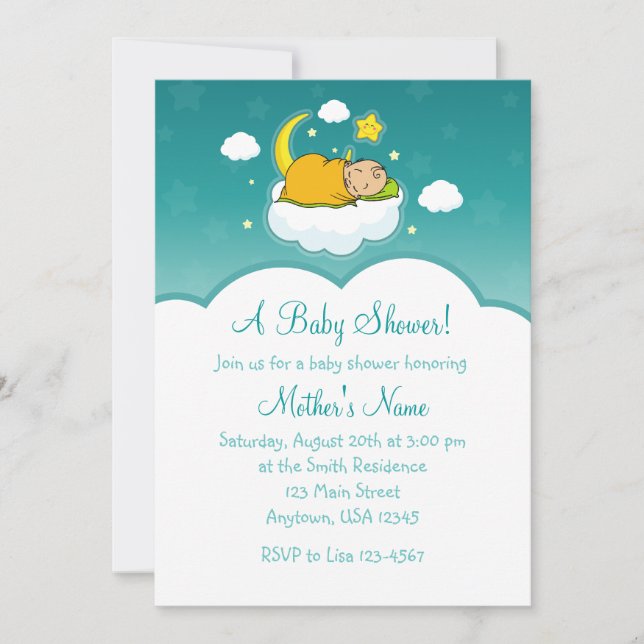 Invitación Baby Shower neutro en el género de bebé en la nube (Anverso)