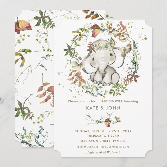 Invitación Baby Shower neutro en género de elefante ruso de o (Anverso / Reverso)