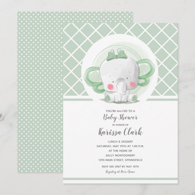Invitación Baby Shower neutro en género elefante (Anverso / Reverso)